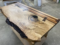 a desk made from a slab of wood